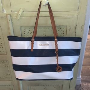 Navy and White Striped MK Tote